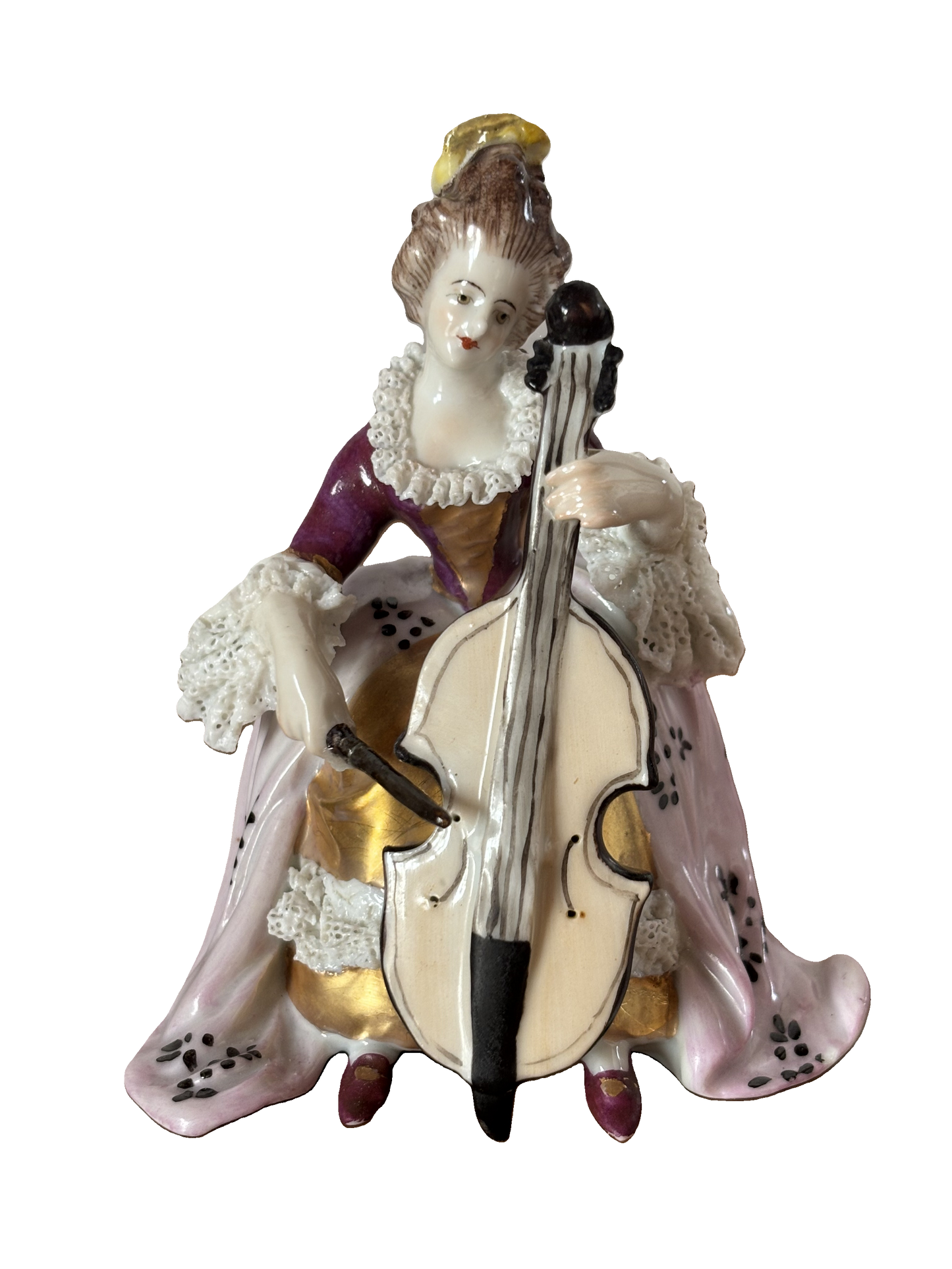 Statuina in Porcellana Volkstedt – Dama con Violoncello, Abito Rococò
