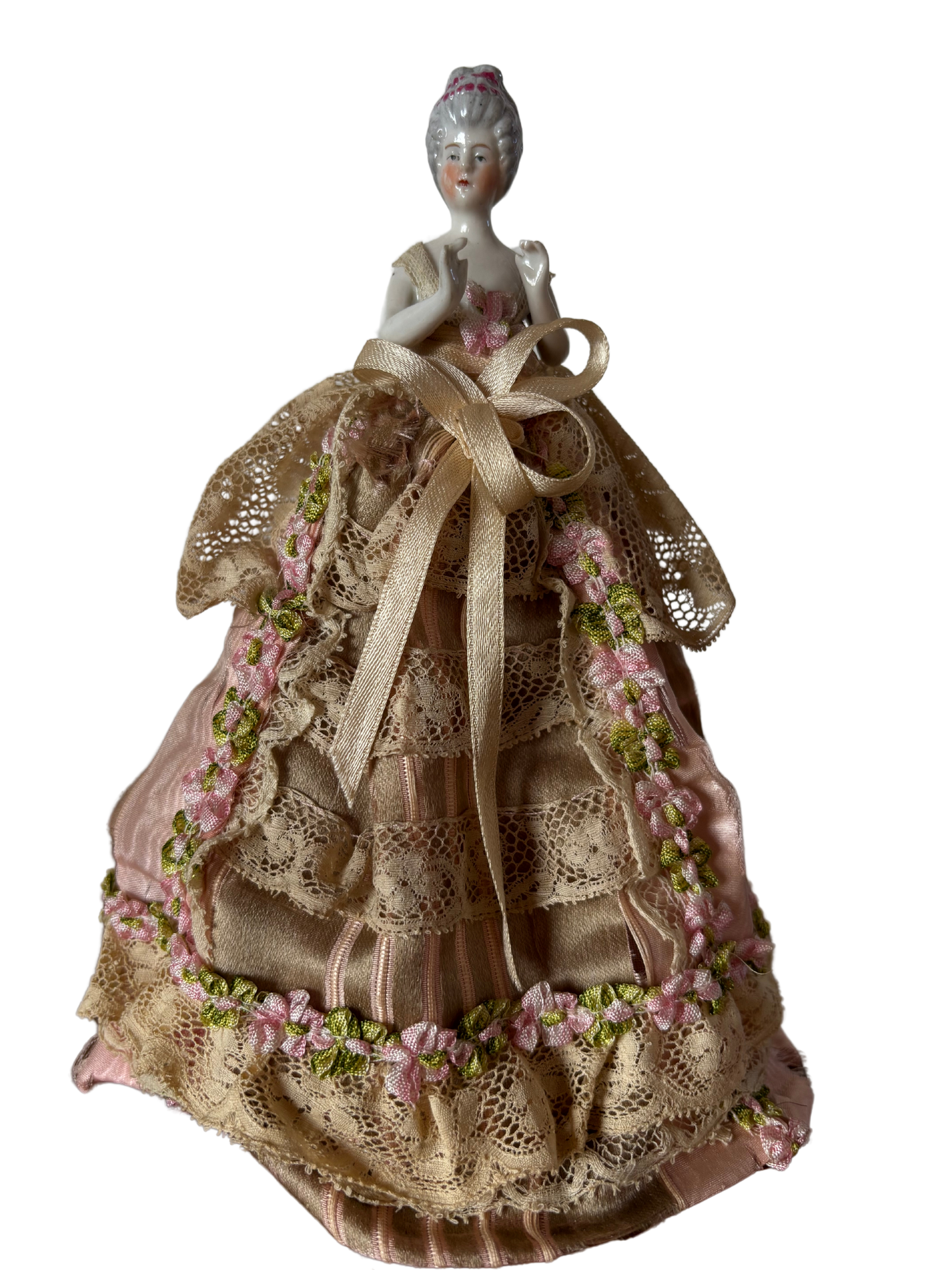 Mezza bambola in ceramica con abito floreale rosa – Stile vintage da collezione