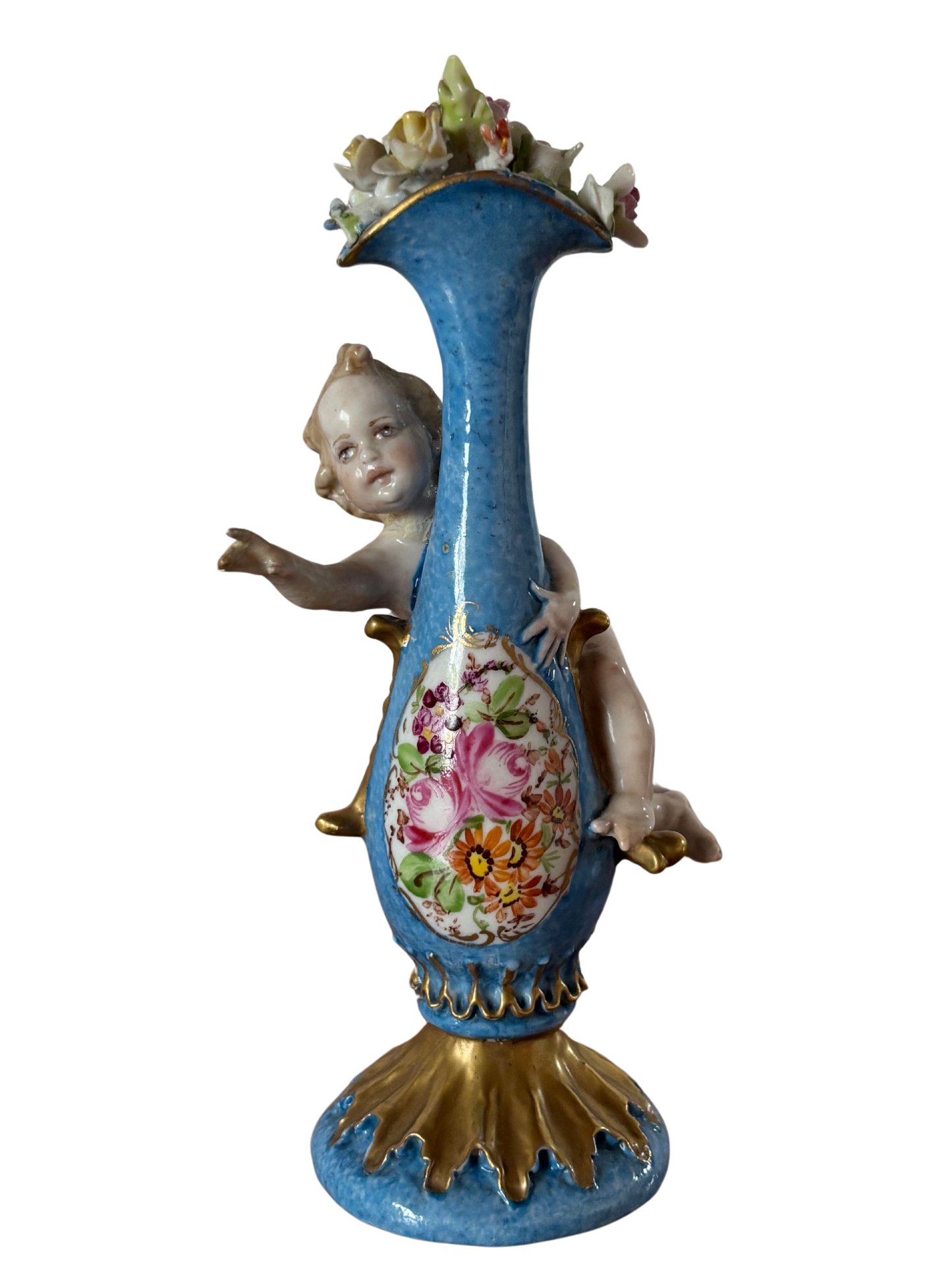 Statuetta a forma di vasetto con fiori marchiata Capodimonte