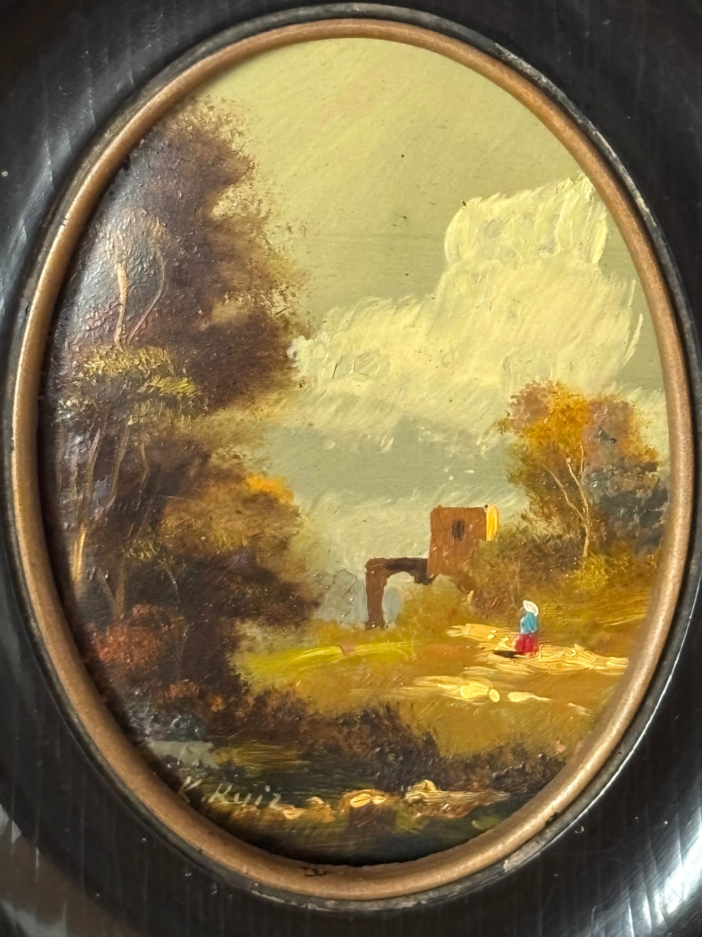 Quadretto su Rame – Paesaggio Bucolico con Rovina Antica e Cornice Elegante