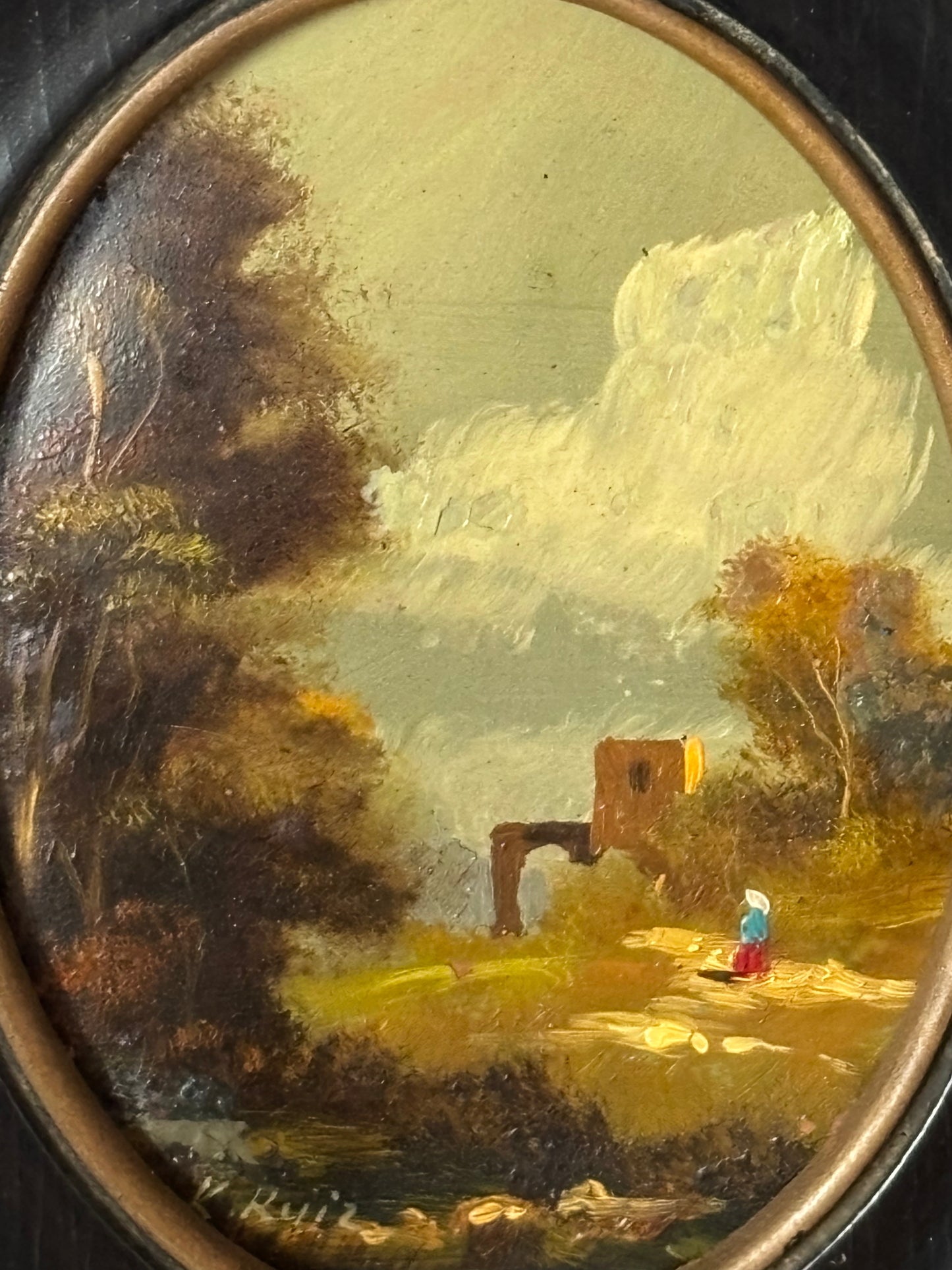 Quadretto su Rame – Paesaggio Bucolico con Rovina Antica e Cornice Elegante