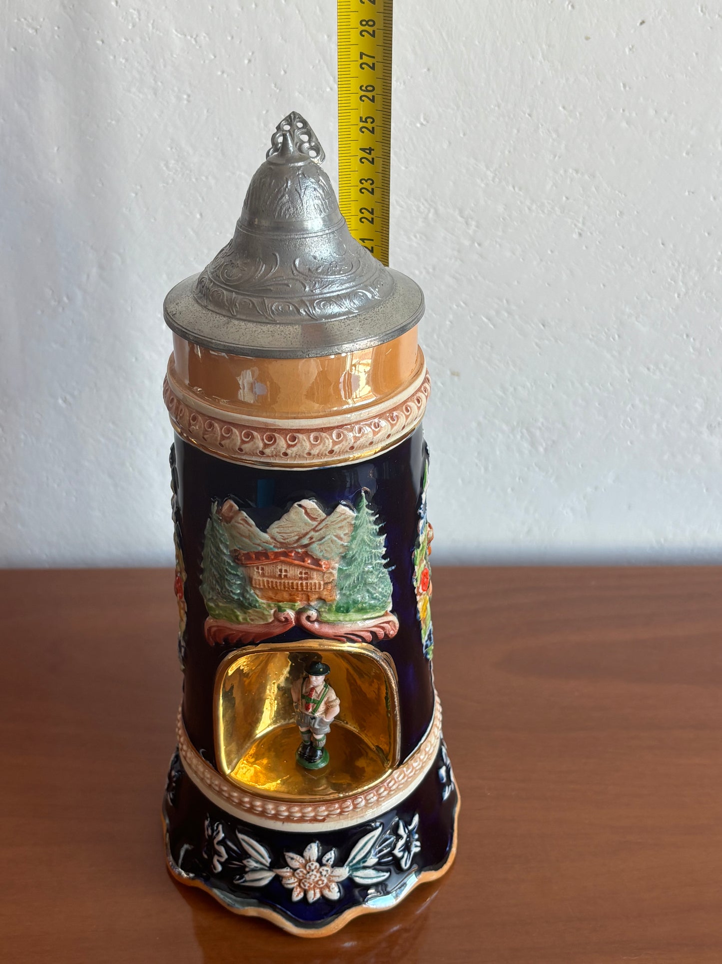 German Beer Stein with Music Box and Dancing Man – Vintage Ceramic and Metal Stein