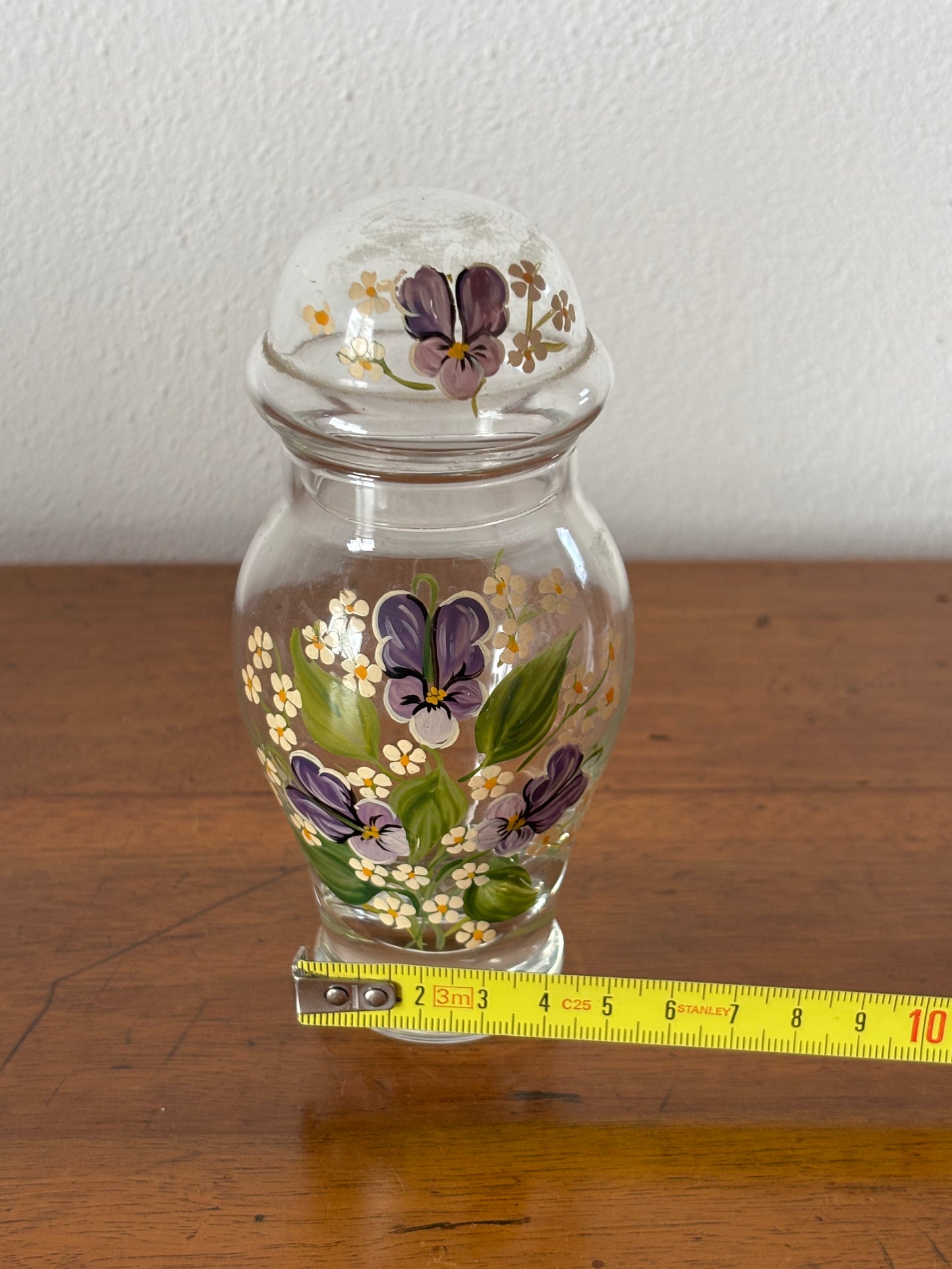 Hand-Blown Glass Jar – Floral Motif with Purple Pansies