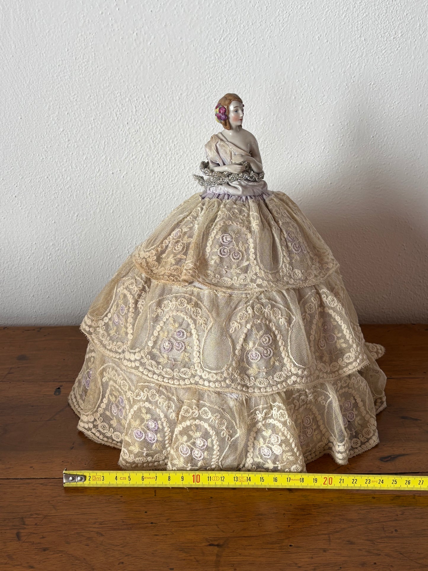 Vintage half porcelain doll with lace skirt