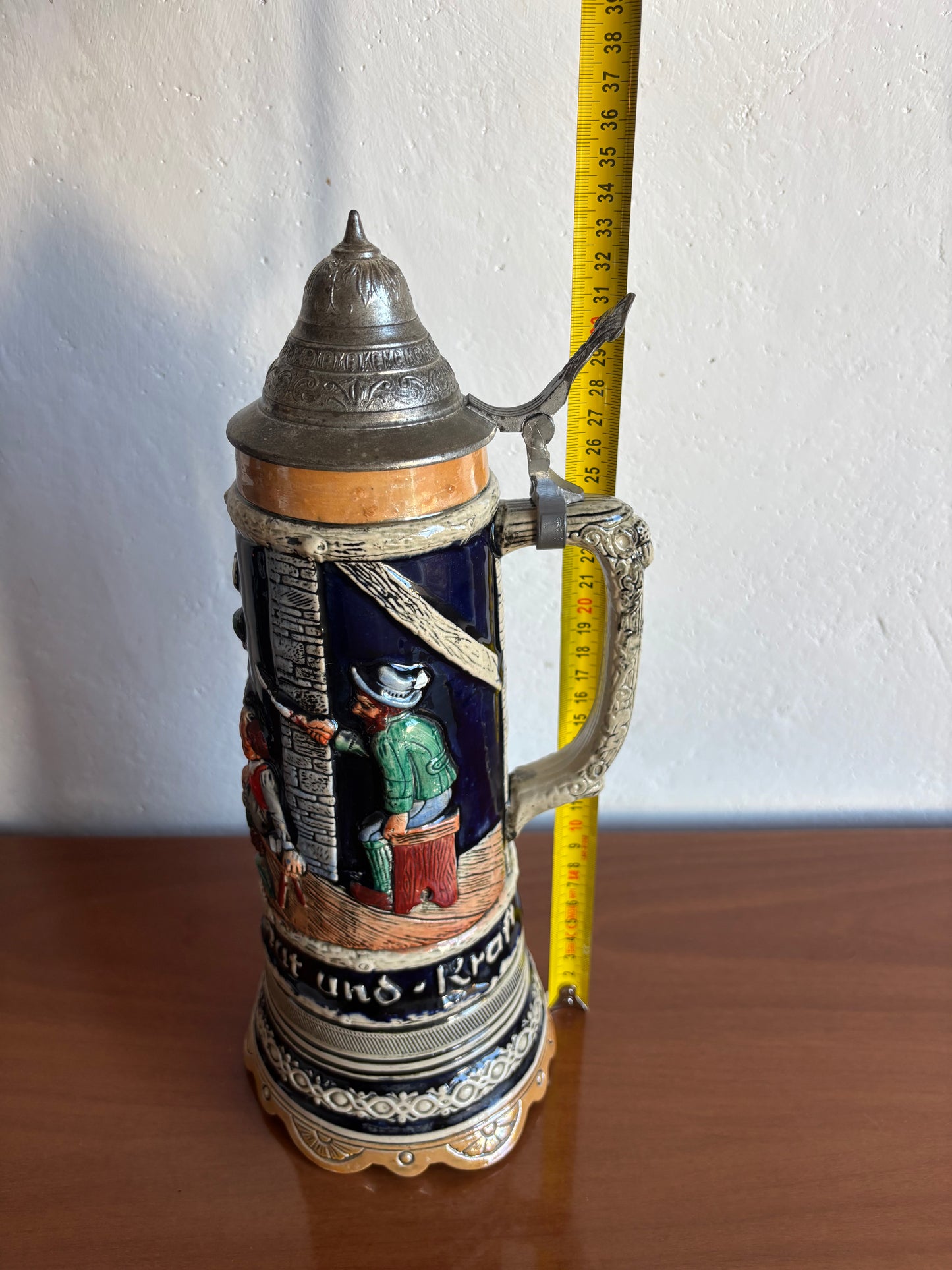 German Ceramic Beer Stein with Music Box – Vintage Beer Stein with Metal Lid