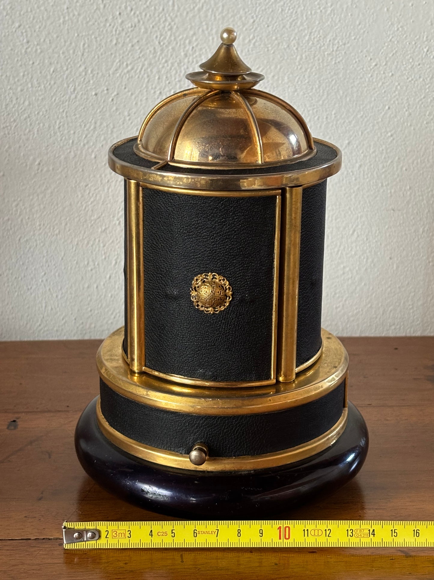 Portasigarette vintage con carillon in metallo e pelle sintetica sostituita, funzionante e restaurato
