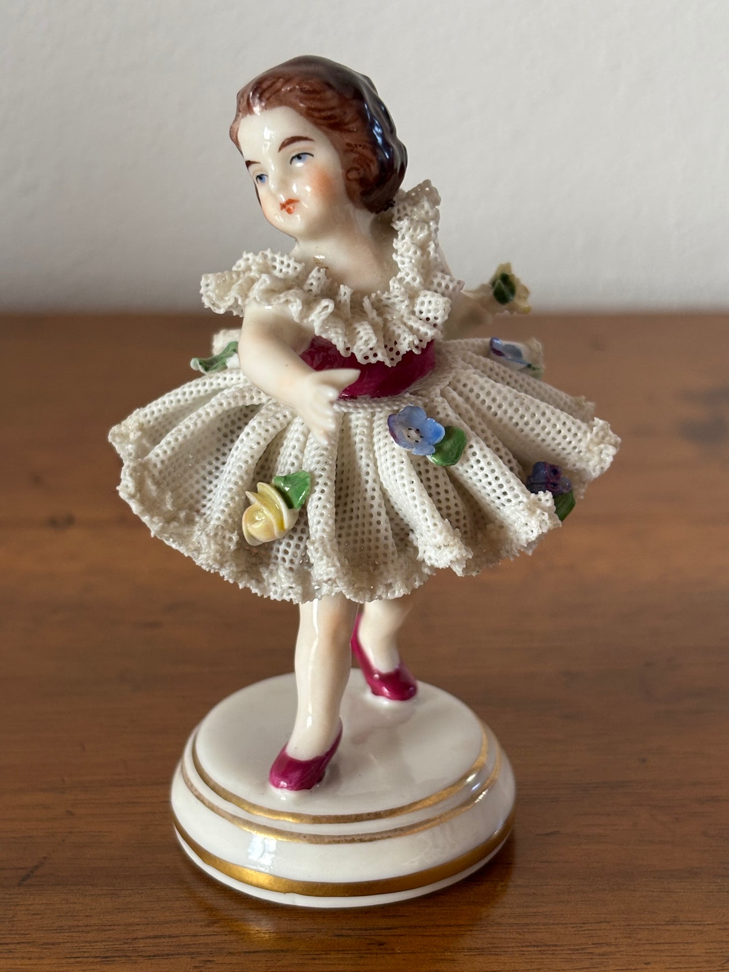 Figurine with Crowned N Mark – Girl in Tulle with Lace and Floral Details