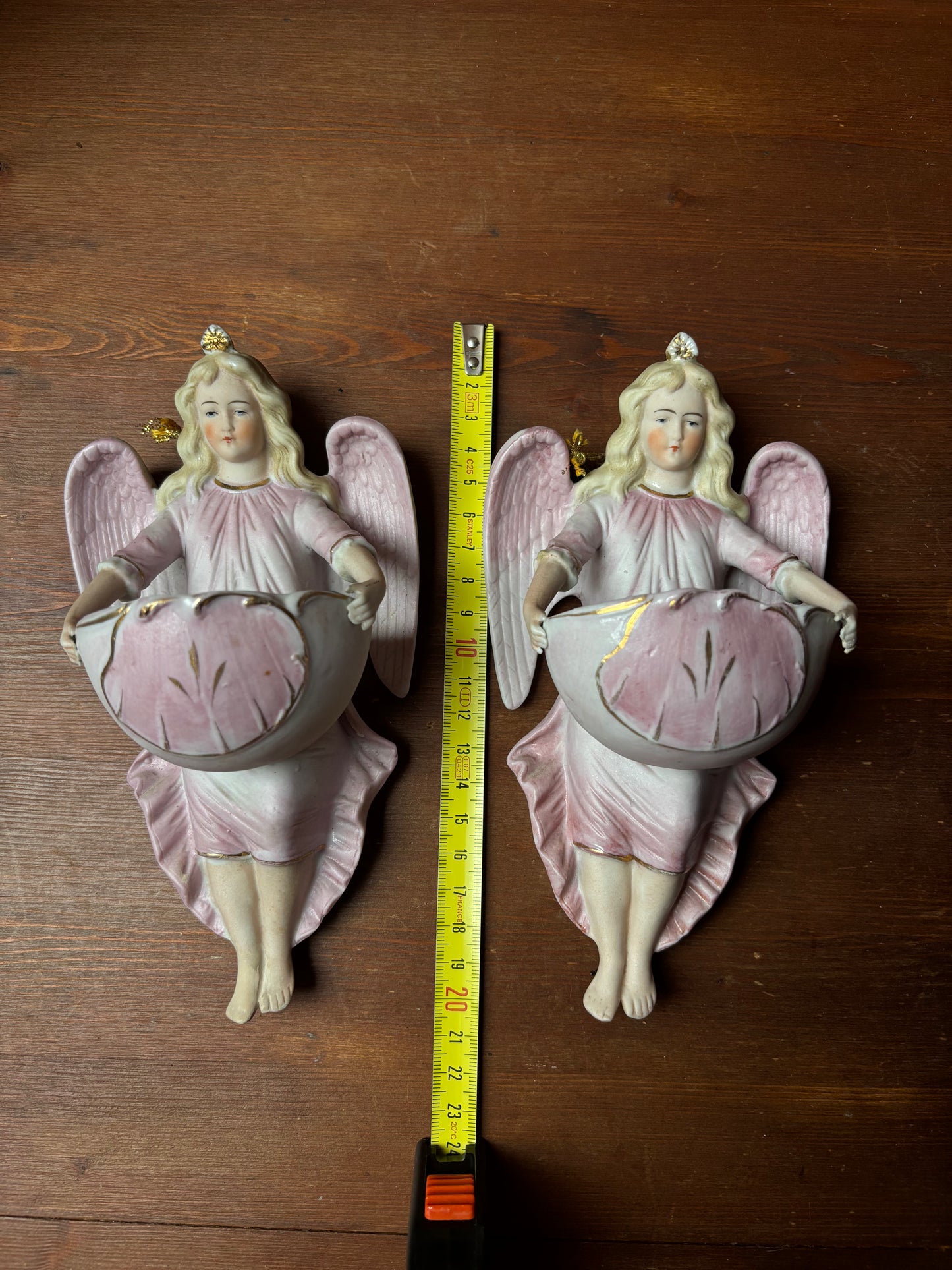 Pair of Biscuit Ceramic Holy Water Fonts with Angels – Early 20th Century
