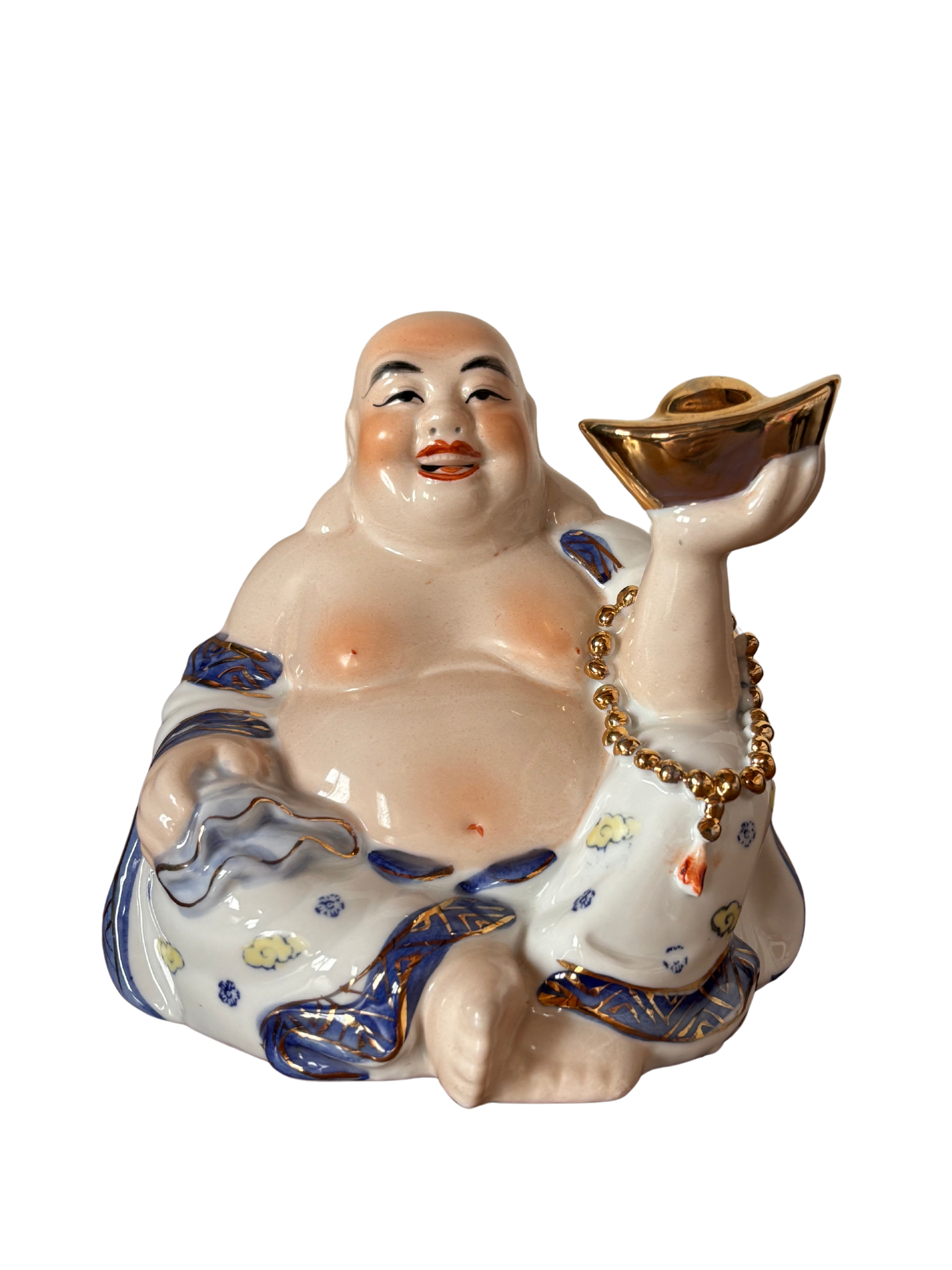 Vintage-Keramik-Buddha mit goldener Sycee – Symbol des Wohlstands