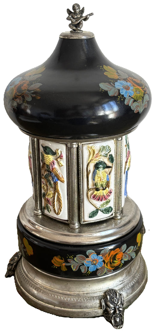 Portasigarette vintage in metallo e ceramica decorata – funzionante