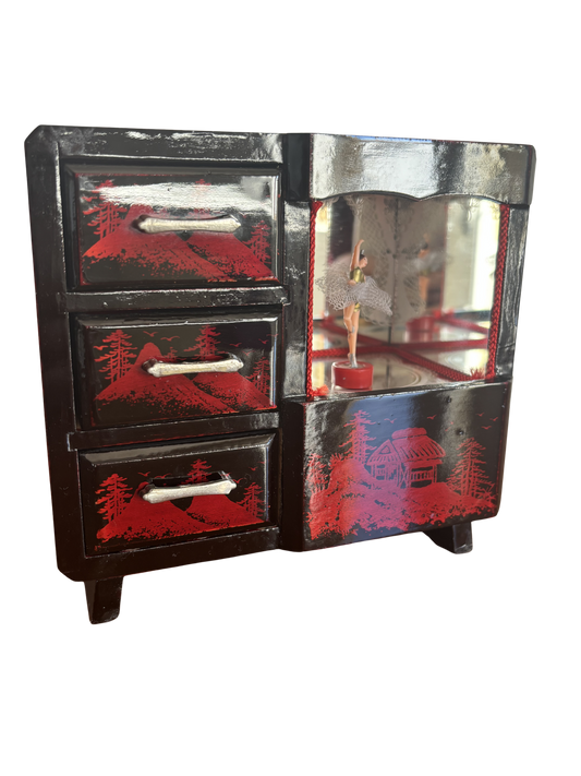 Portagioie musicale giapponese vintage con 3 cassettini e decorazioni rosse