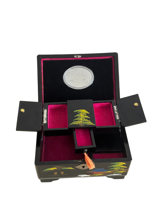 Vintage Japanese Lacquered Jewelry Box with Working Music Box – Landscape with Mount Fuji