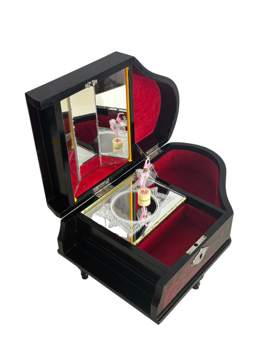 Vintage Japanese Lacquered Jewelry Box with Working Music Box – Piano Shape with Magnetic Ballerina