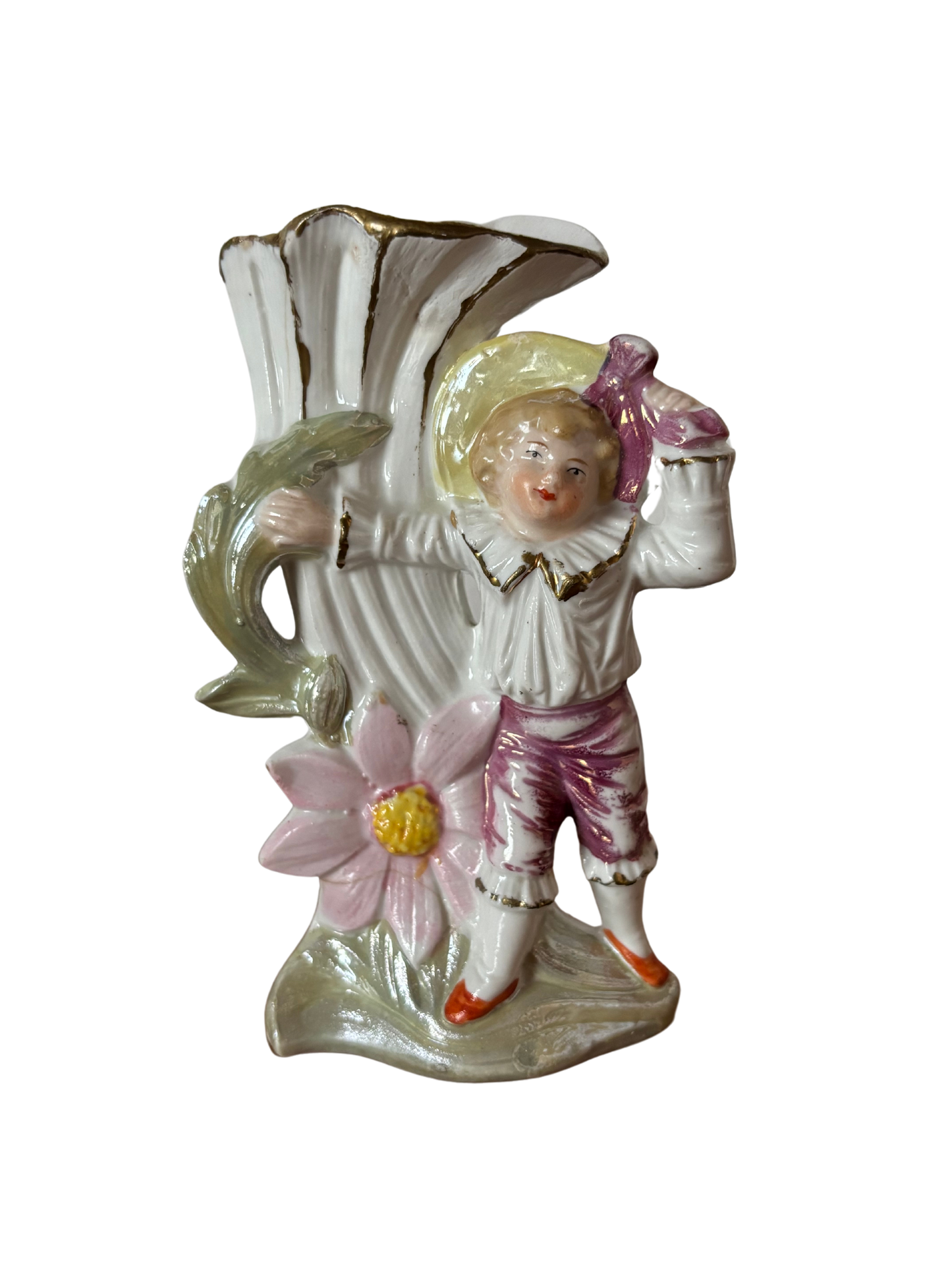 Vasetto in Ceramica Vintage con Bambino e Fiore – Oggetto Decorativo Restaurato