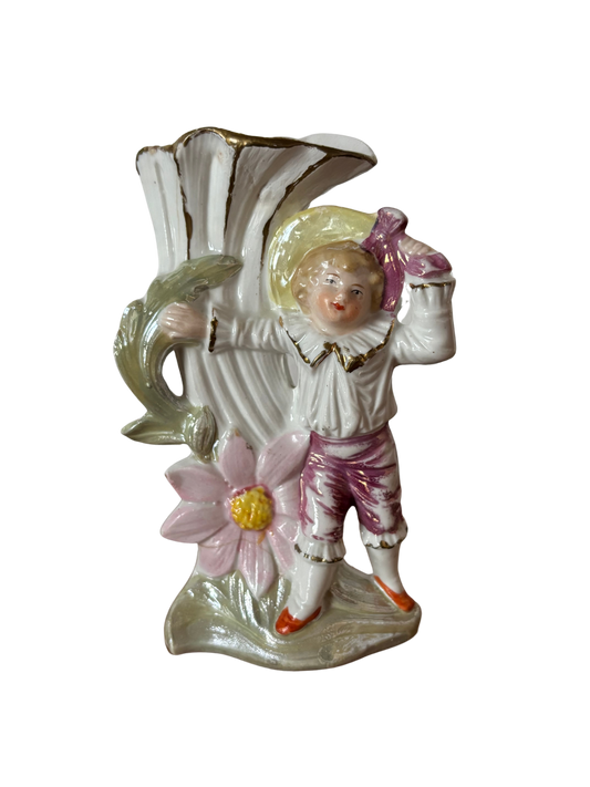 Vasetto in Ceramica Vintage con Bambino e Fiore – Oggetto Decorativo Restaurato