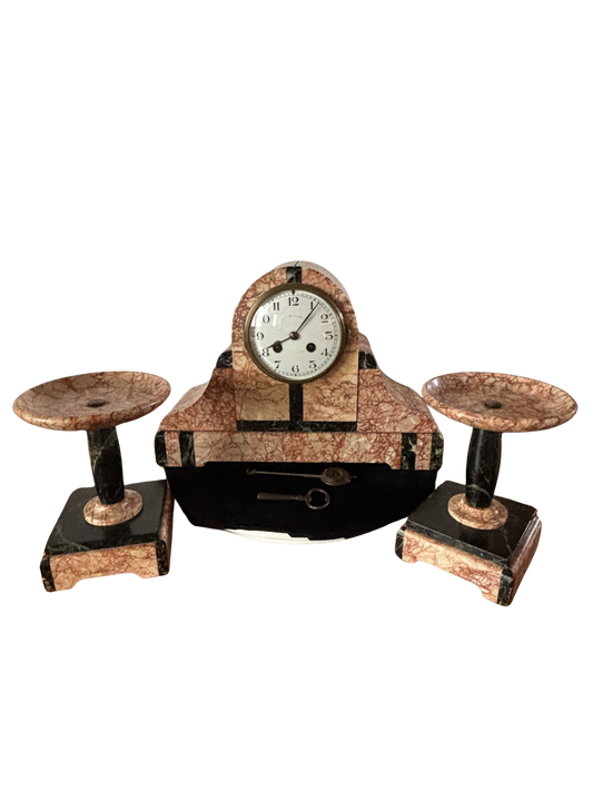 Orologio da camino francese Art Déco in marmo rosa