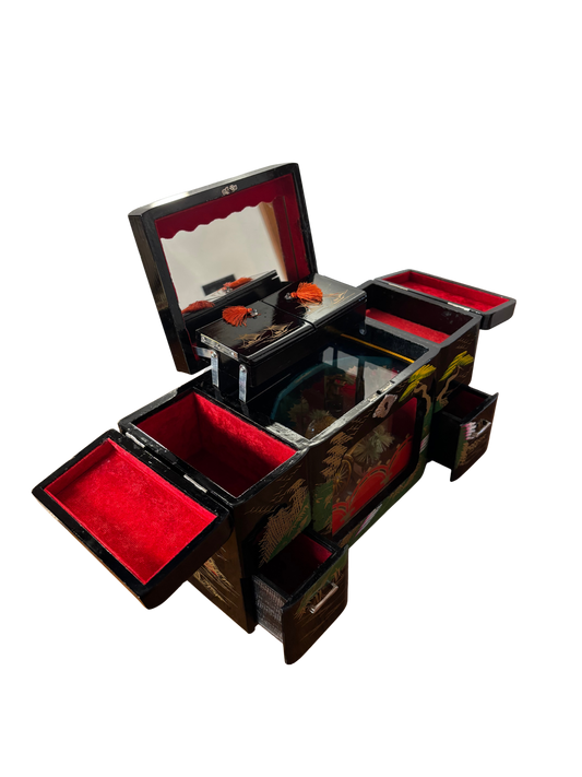 Portagioie giapponese vintage con carillon funzionante e luci – laccatura decorata e interni in velluto rosso