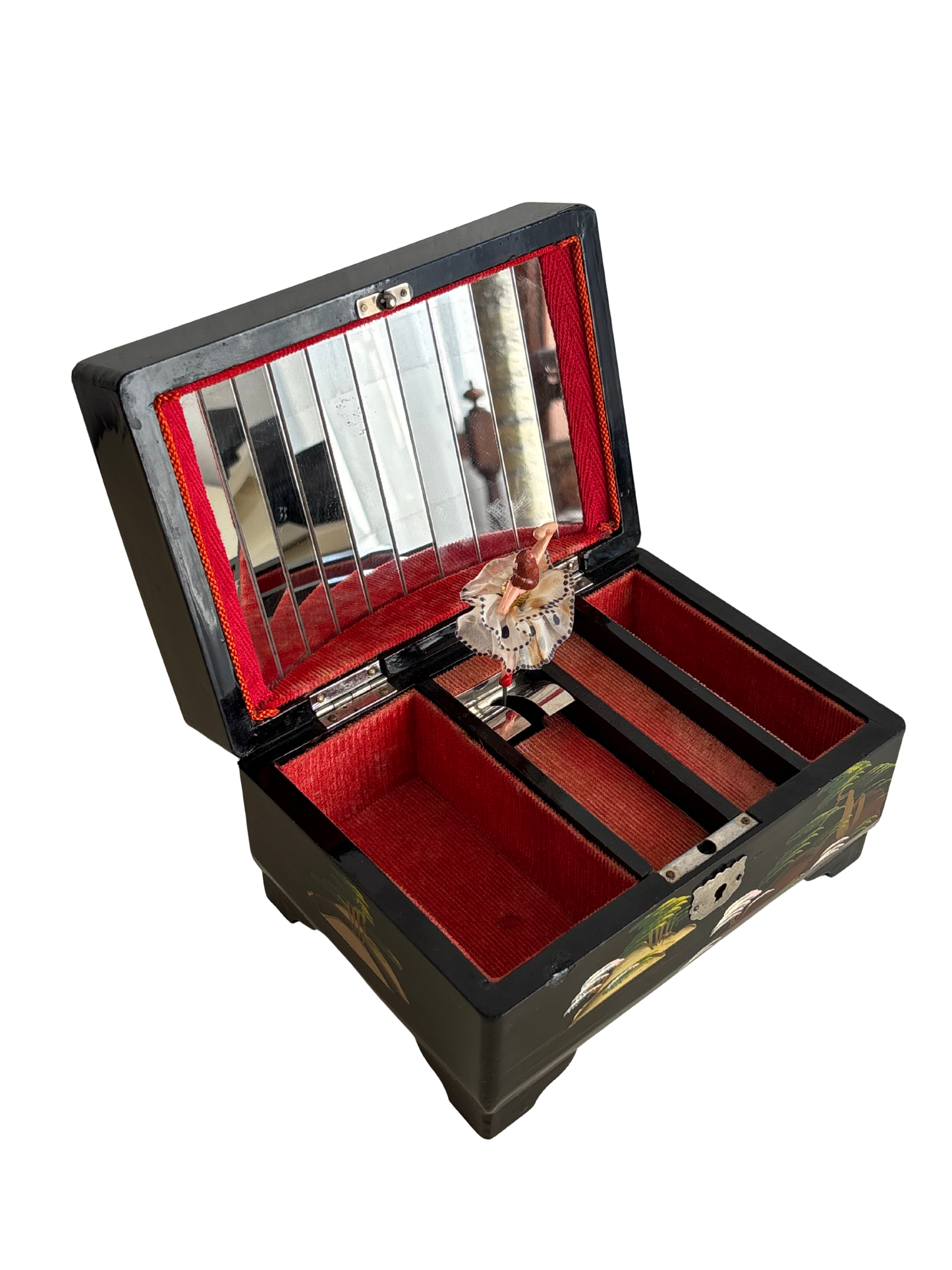 Vintage Japanese Lacquered Jewelry Box with Music Box and Ballerina