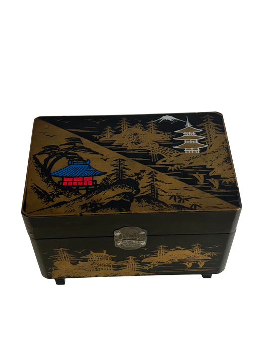 Small Vintage Japanese Lacquered Jewelry Box with Music Box and Bichrome Decoration