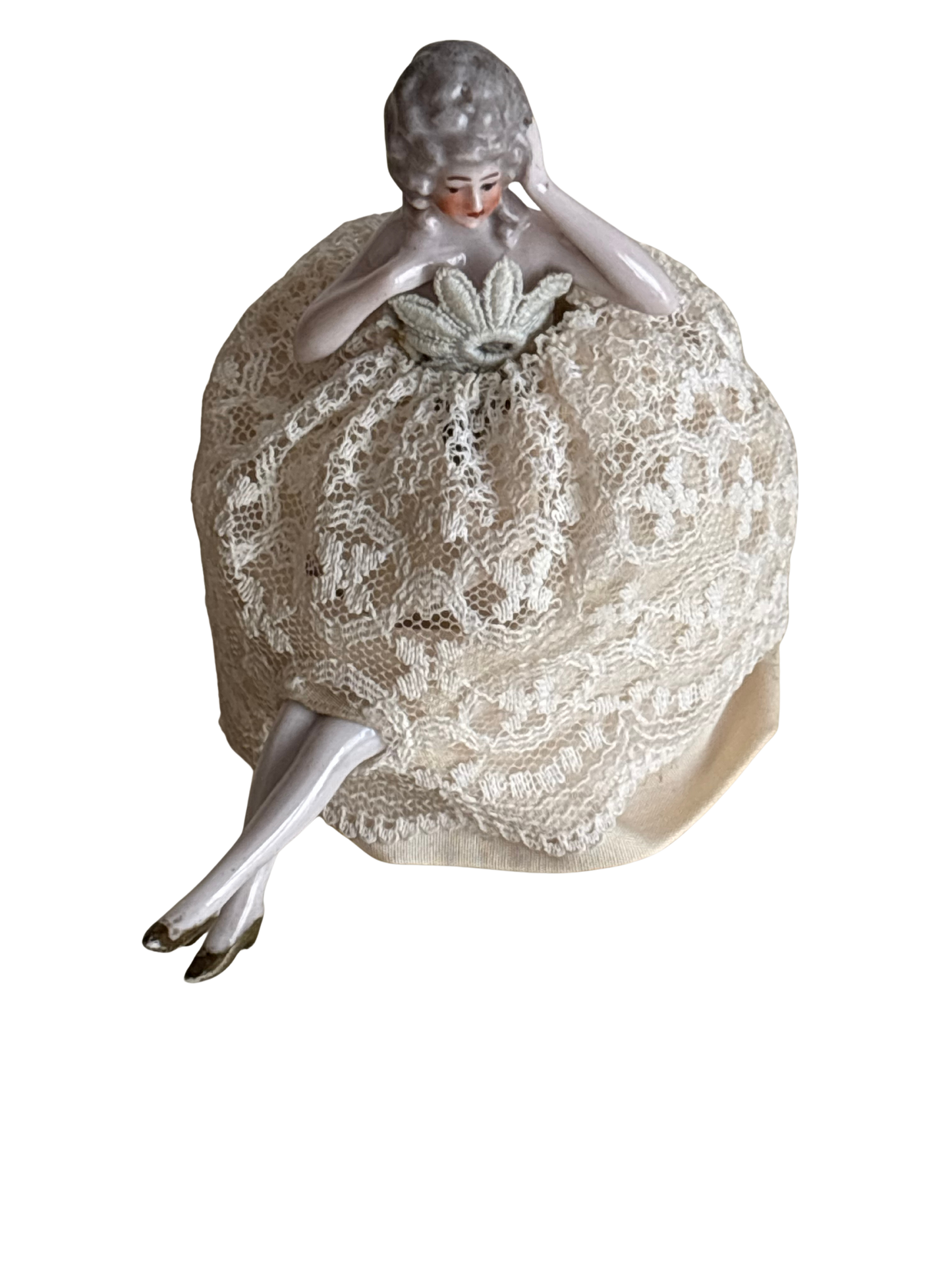 Antikes Nadelkissen in Form einer Dame aus Porzellan mit Stoffrock
