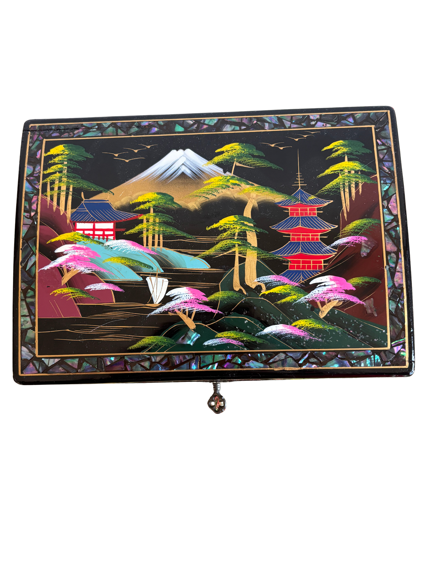 Vintage Japanisches Spieluhr mit Tänzerpaar und traditionellem Landschaftsmotiv