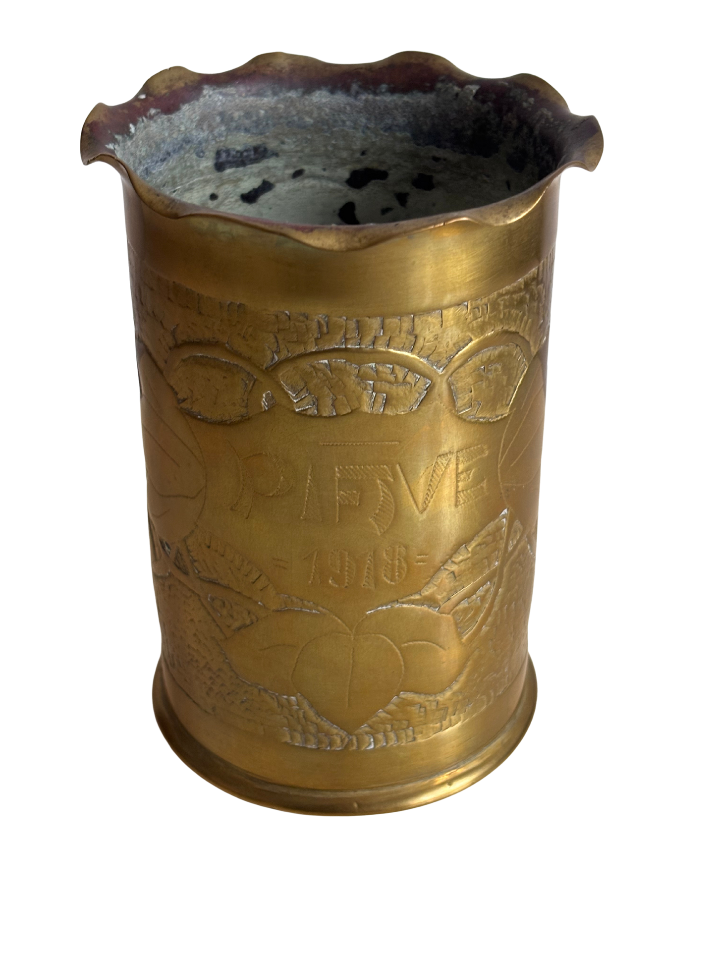 German Shell Case (1915) Converted into a Vase with “Piave 1918” Engraving – Authentic World War I Trench Art