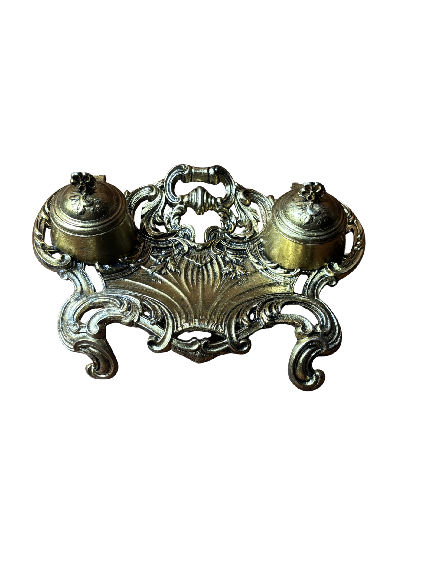 Calamaio in metallo dorato con vaschette in ceramica