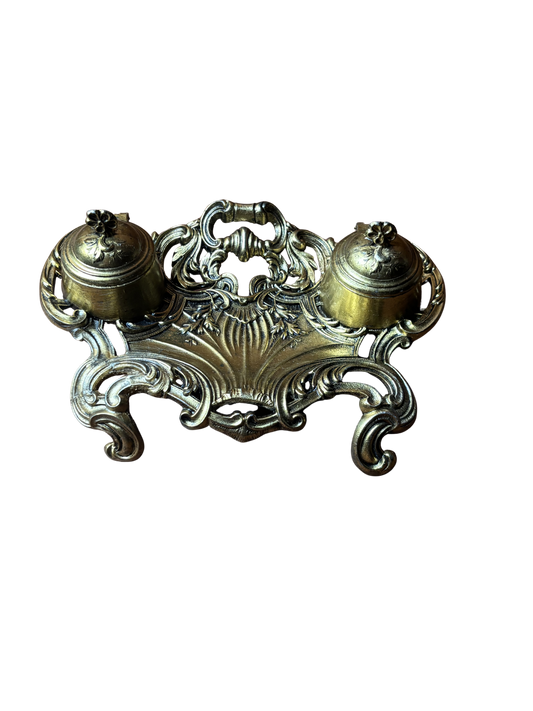 Calamaio in metallo dorato con vaschette in ceramica