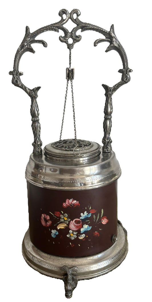 Porta Sigarette Vintage a Pozzetto con Sistema Elevatoio e Carillon Funzionante – Metallo Argentato e Decori Floreali Dipinti a Mano