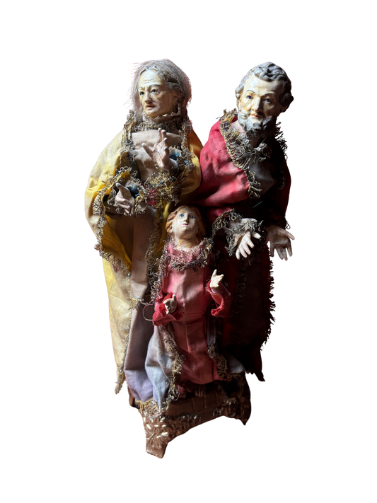 Gruppo di Sant’Anna, San Gioacchino e la Madonna bambina in terracotta policroma e tessuto – ambito italiano, XIX secolo