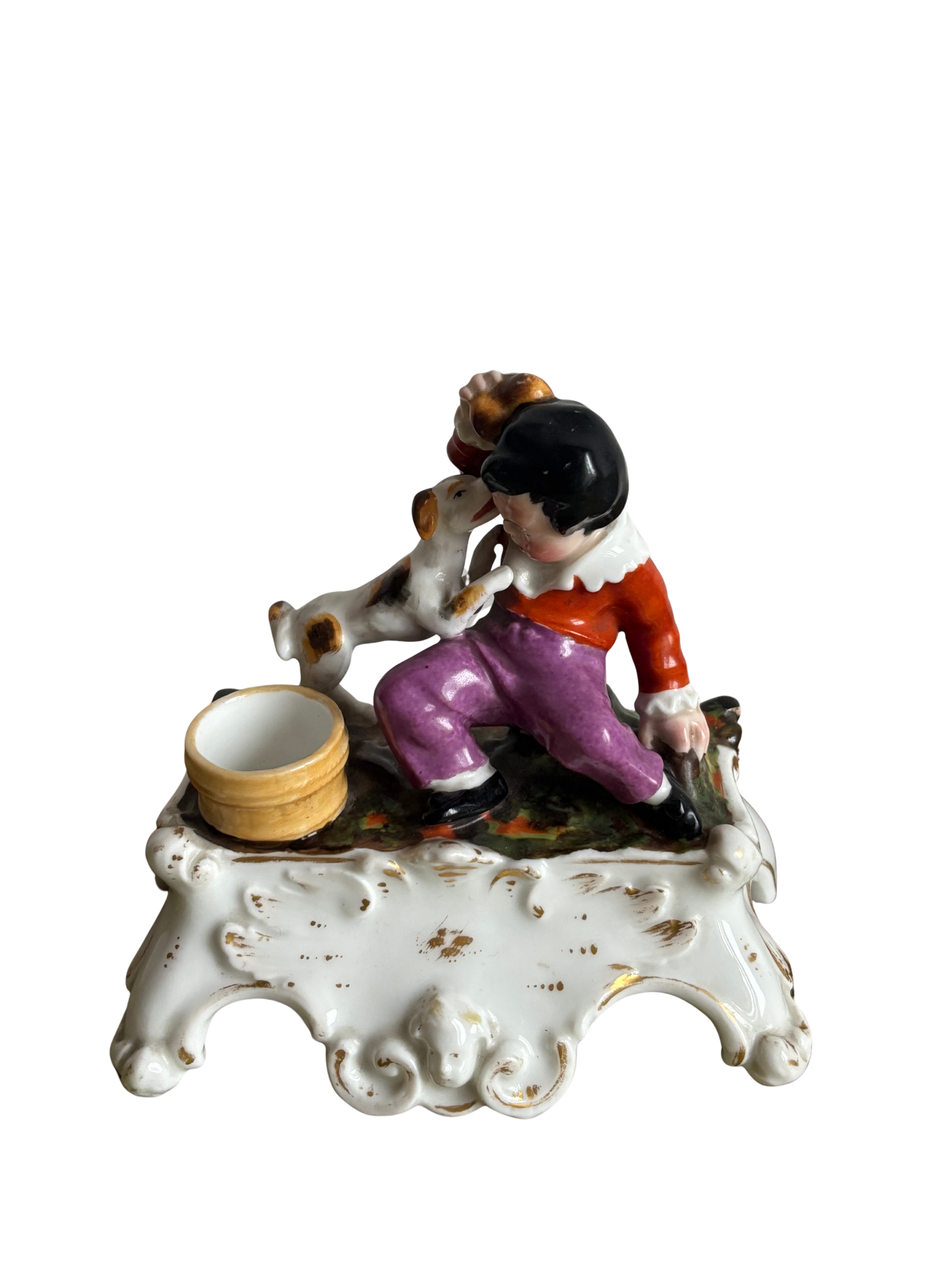 Porzellanfiguren-Gruppe mit Kind und Hund – mögliches antikes Tintenfass