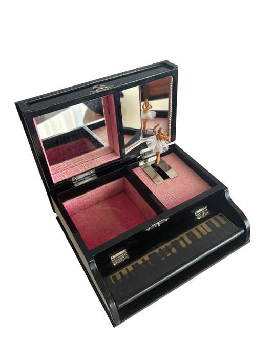 Portagioie giapponese vintage a forma di pianoforte dorato e ballerina restaurata