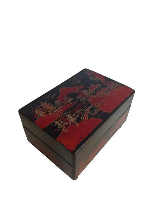 Vintage Japanese Lacquered Jewelry Box with Working Music Box – Black Lacquer, Red Velvet, and Dancing Ballerina