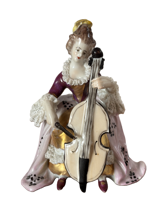 Statuina in Porcellana Volkstedt – Dama con Violoncello, Abito Rococò