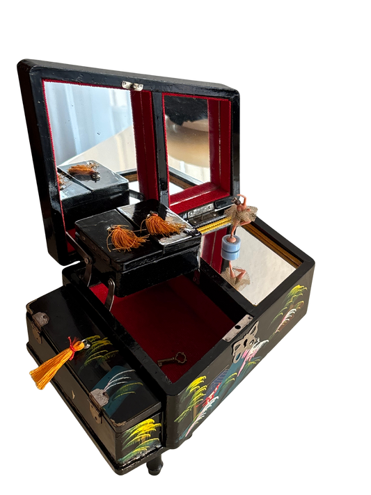 Vintage piano-shaped music box with magnetic ballerina, with key, working