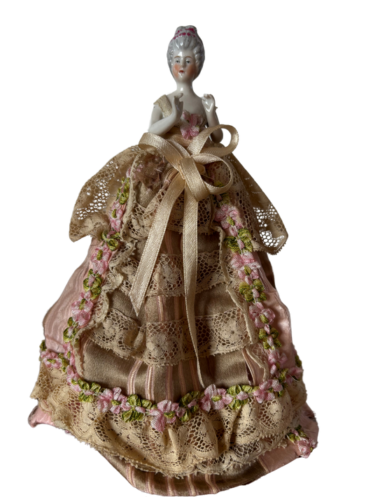 Mezza bambola in ceramica con abito floreale rosa – Stile vintage da collezione
