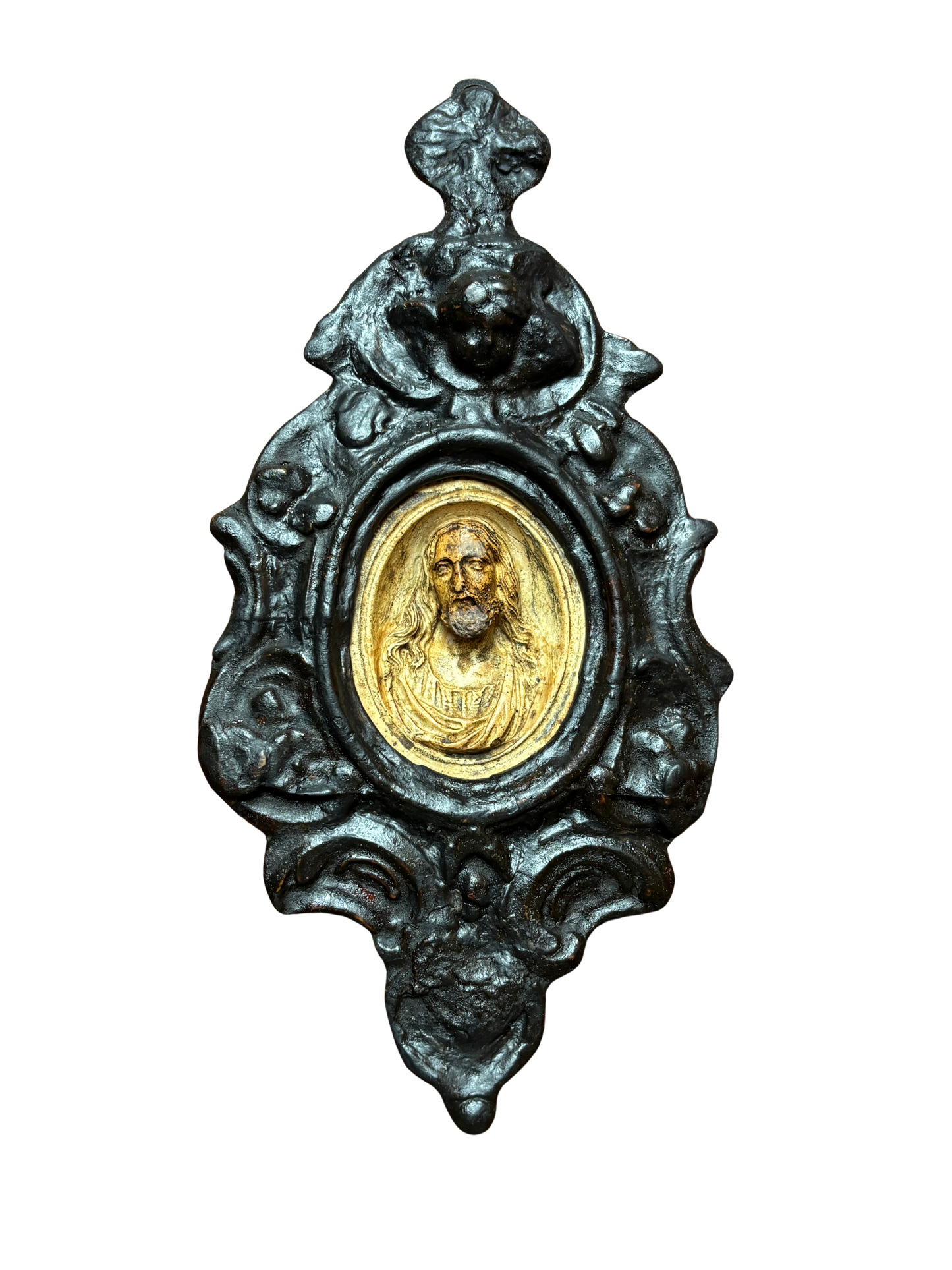 Wall Holy Water Font in Wood and Stucco with Insert Likely in Meerschaum Depicting Christ – Mid-19th Century (circa 1850–1870)