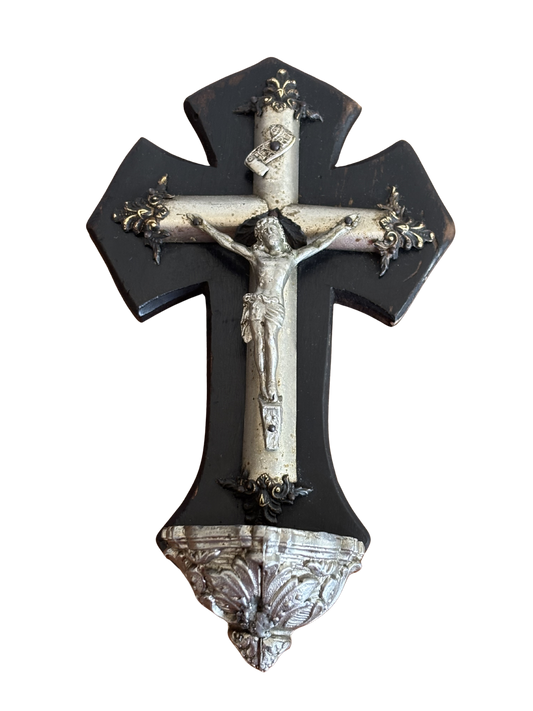 Wooden Holy Water Font with Metal Christ