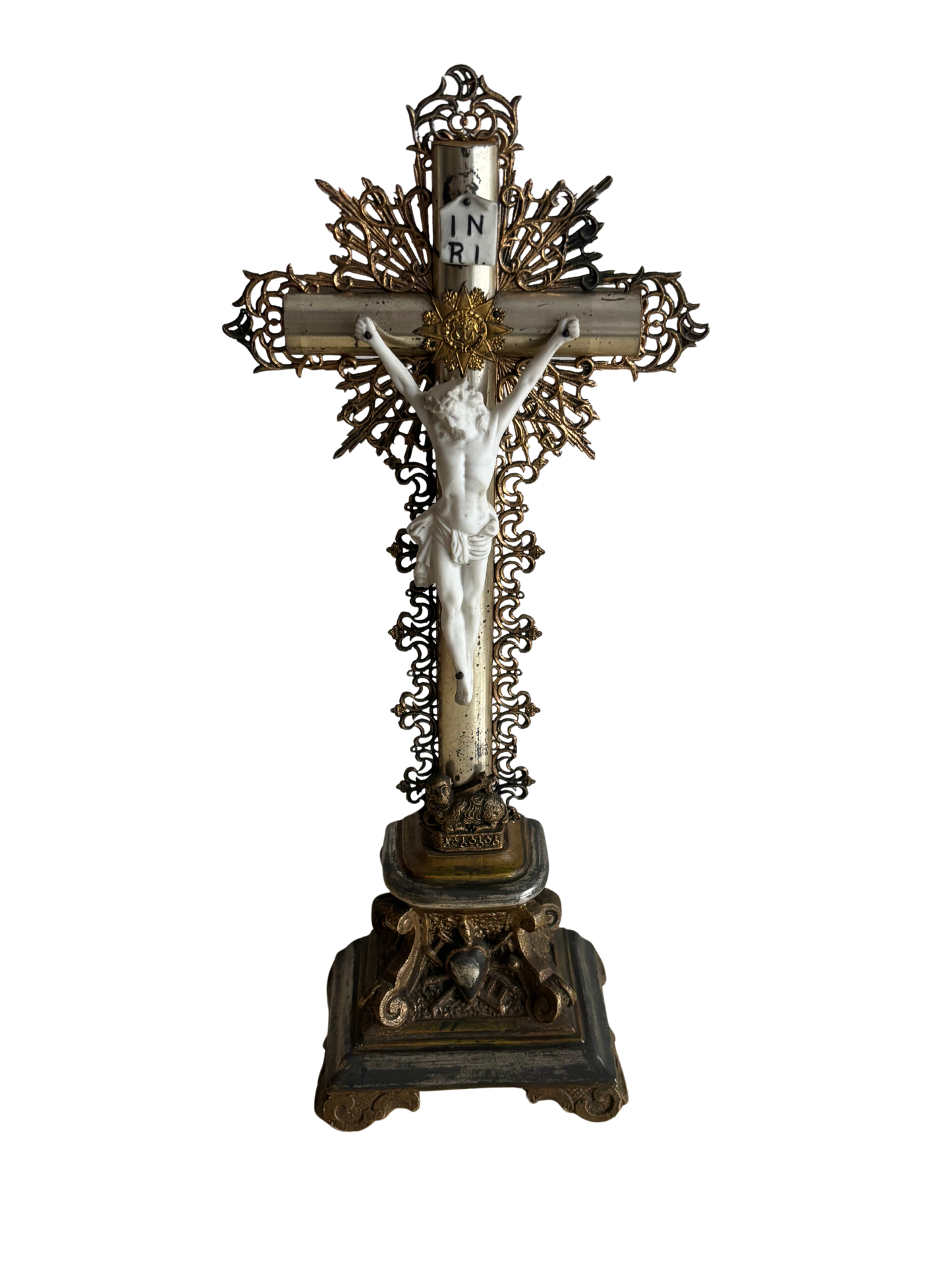 Antique Wooden Table Crucifix with Biscuit Ceramic Christ – Decorative and Devotional