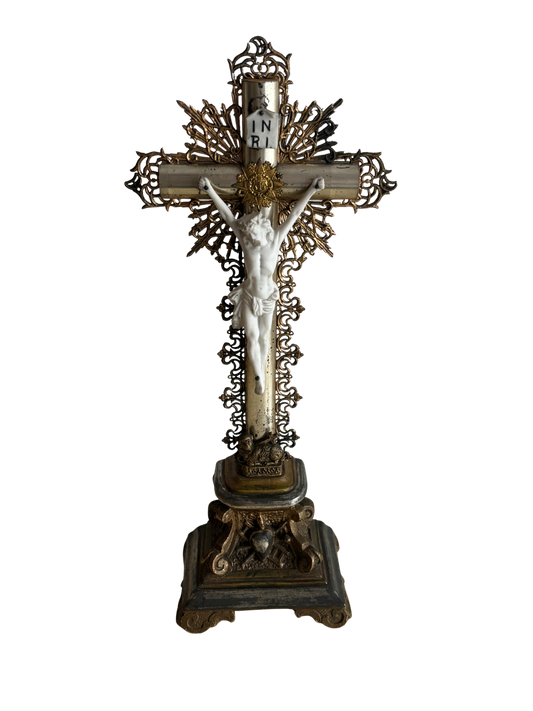 Antique Wooden Table Crucifix with Biscuit Ceramic Christ – Decorative and Devotional