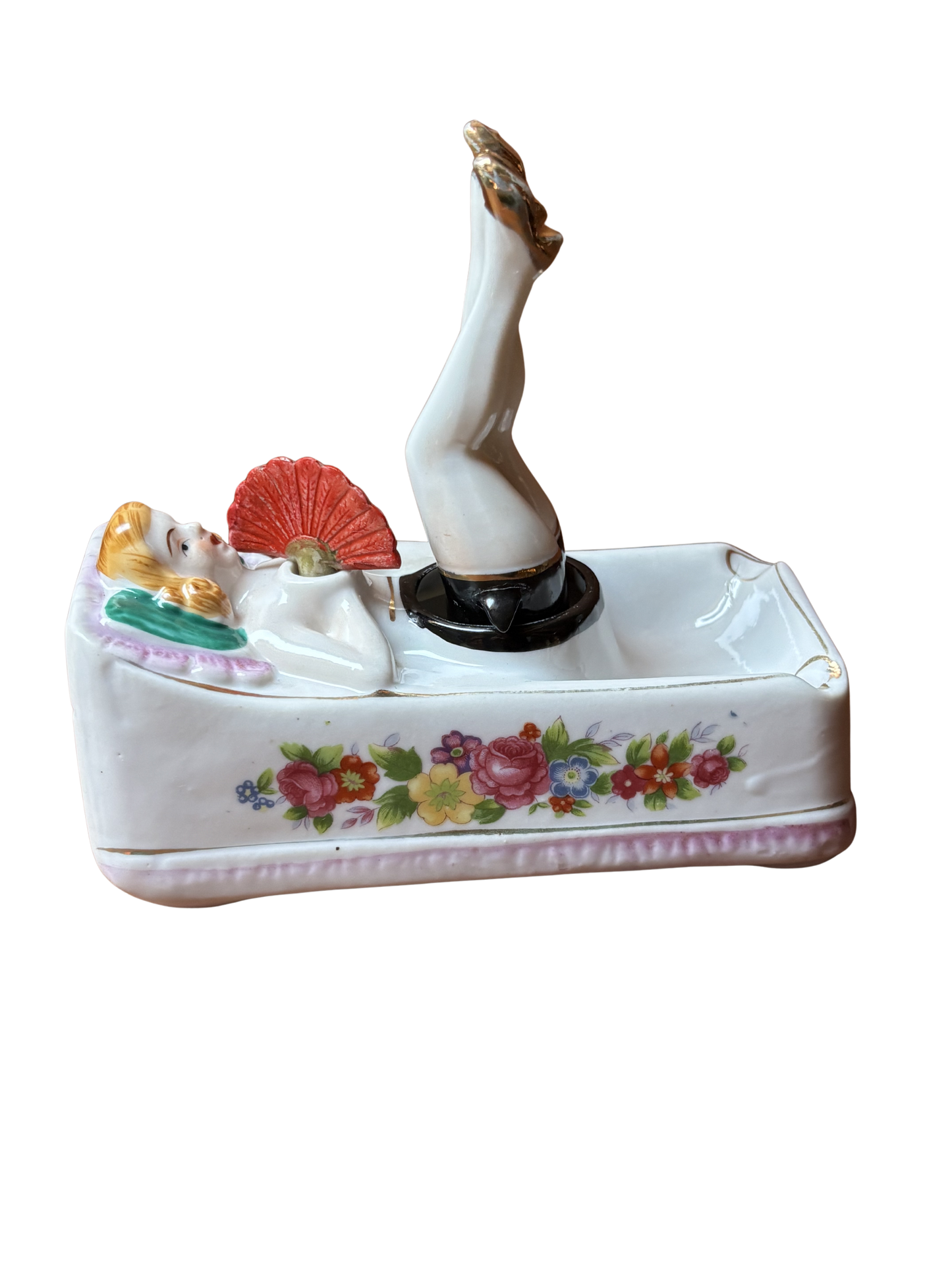 Vintage Ceramic Ashtray – Mid-20th Century Pin-Up Lady with Moving Legs