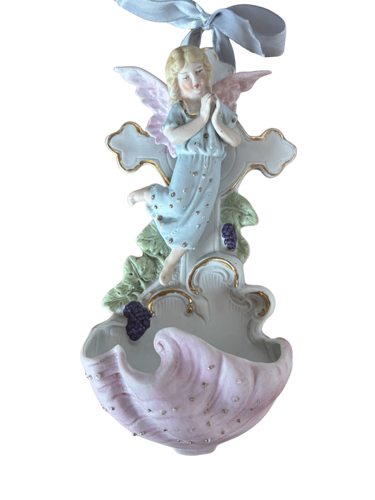 Bisque Ceramic Holy Water Font with Angel