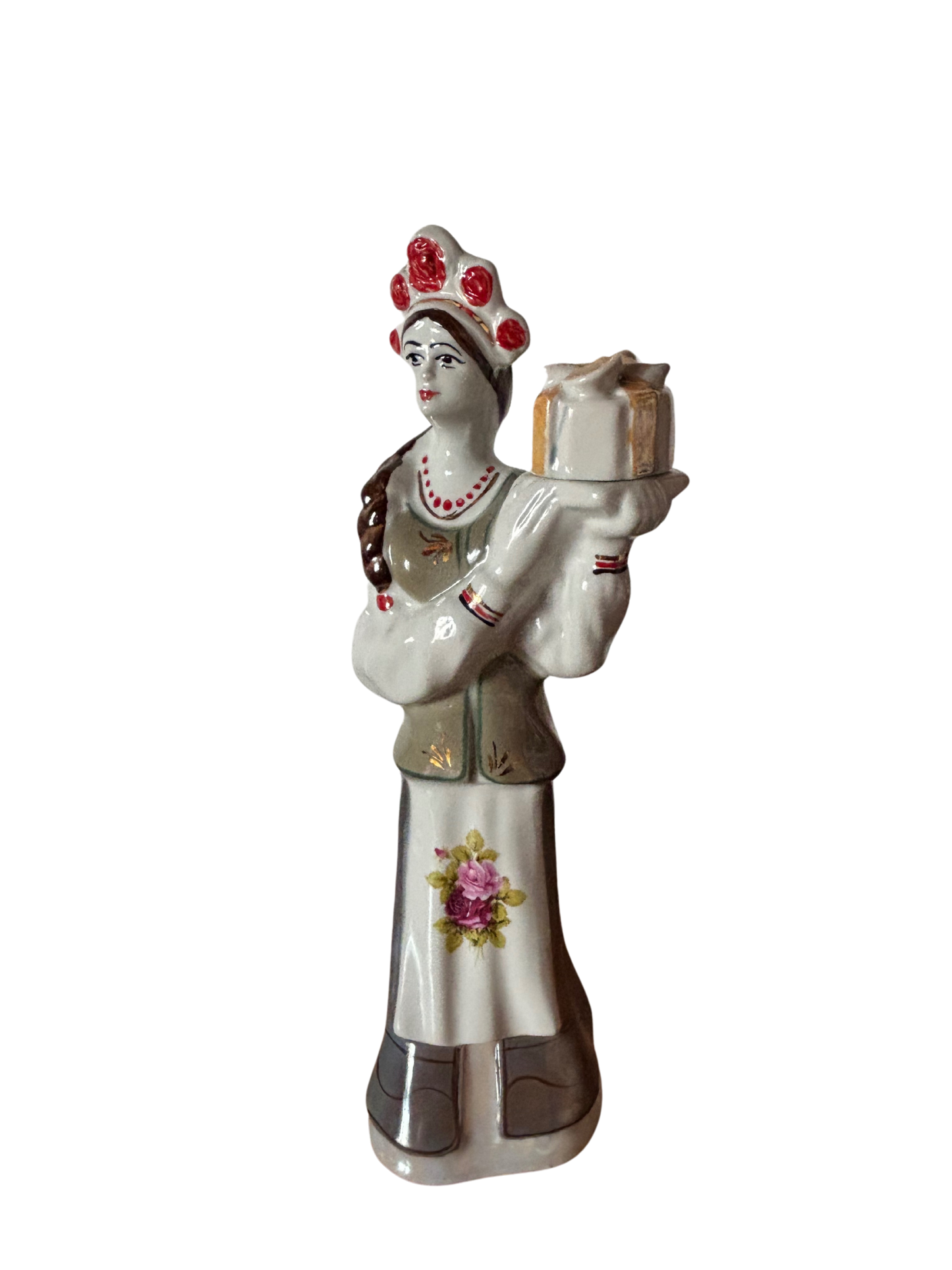 Vintage-Keramikflasche – Frau in traditioneller osteuropäischer Tracht