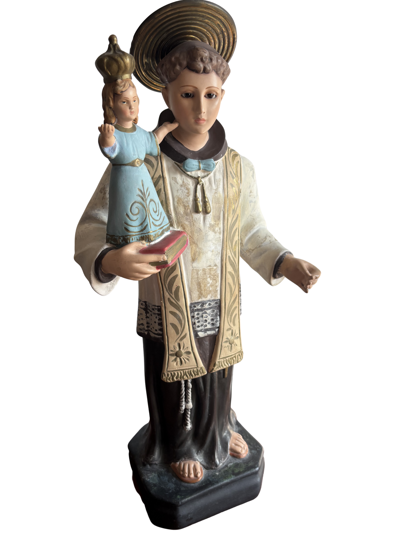 Statua di Sant’Antonio con Gesù Bambino in gesso – Restaurata, con occhi in vetro e aureola rimovibile