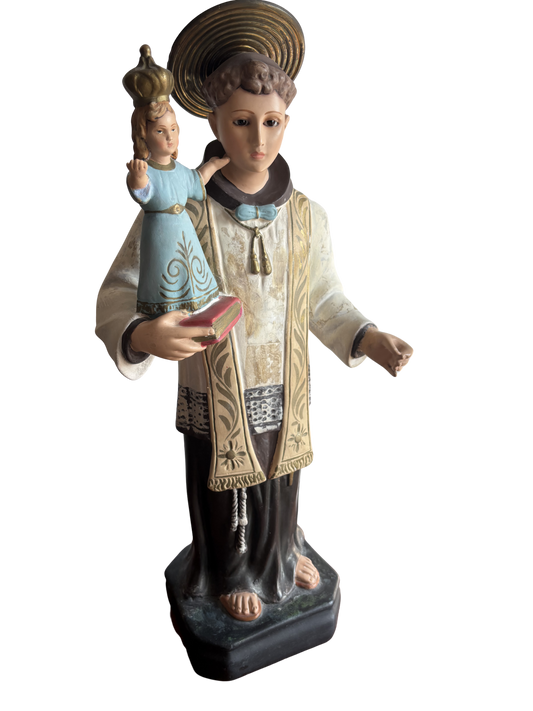 Statua di Sant’Antonio con Gesù Bambino in gesso – Restaurata, con occhi in vetro e aureola rimovibile