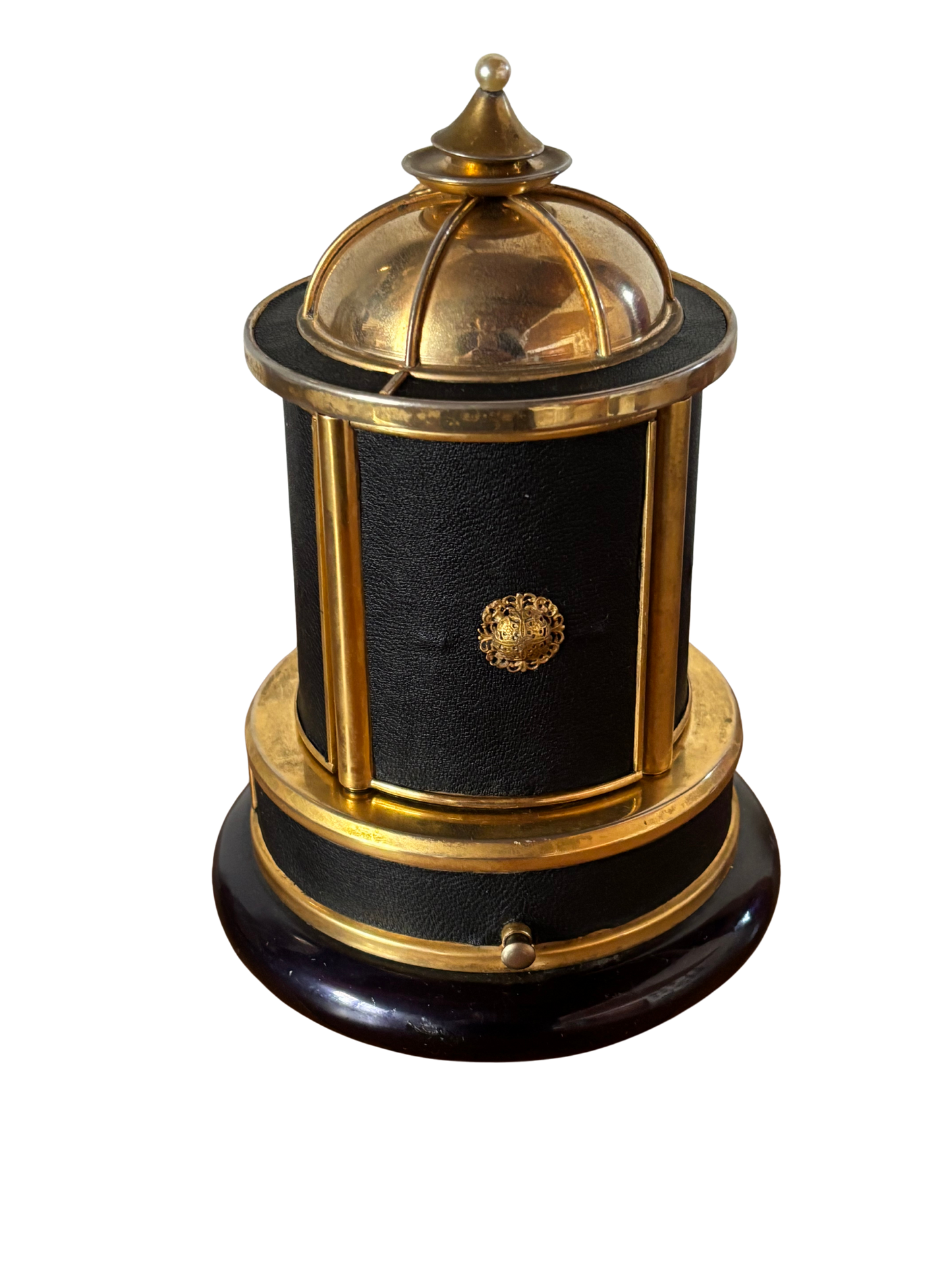 Portasigarette vintage con carillon in metallo e pelle sintetica sostituita, funzionante e restaurato
