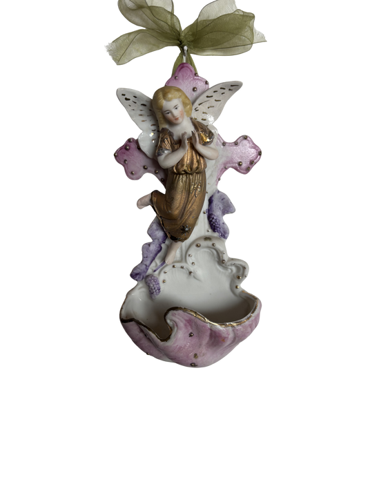 Bisque Ceramic Holy Water Font with Gilded Angel