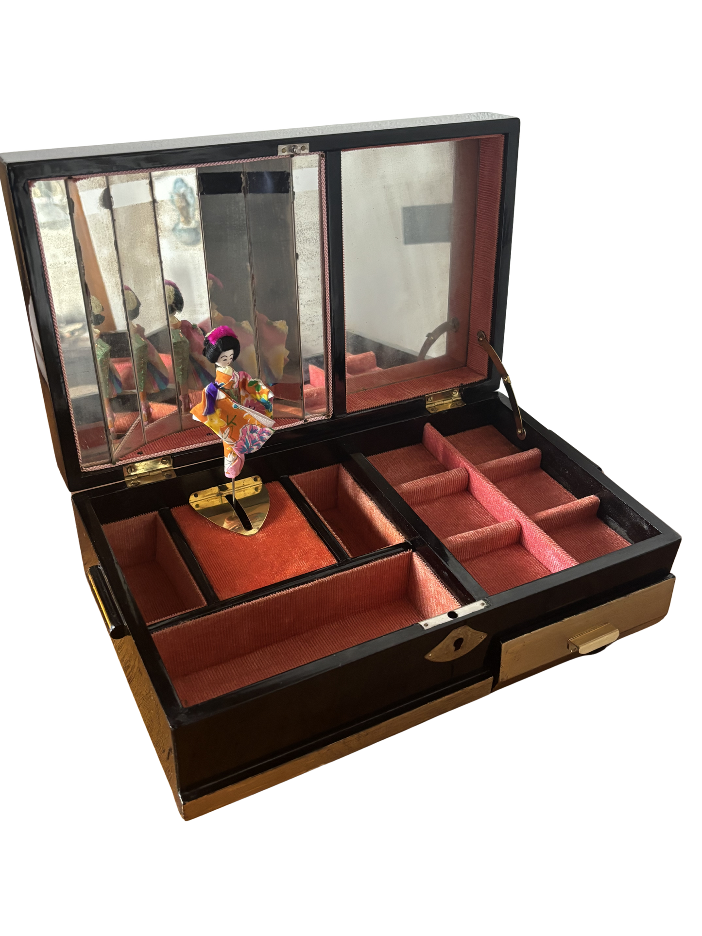 Large Japanese jewelry box with working music box and dancing geisha