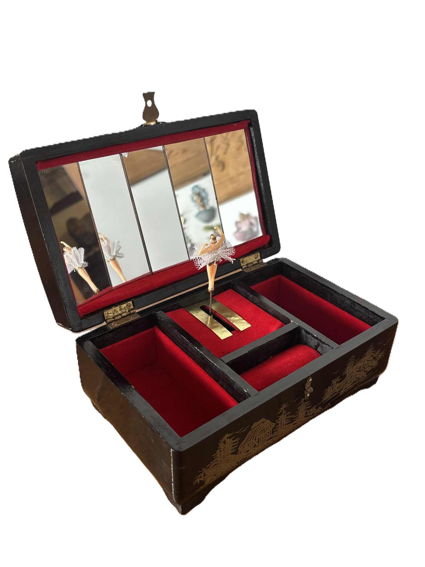 Portagioie cinese vintage con carillon funzionante – laccatura decorata, produzione Shanghai