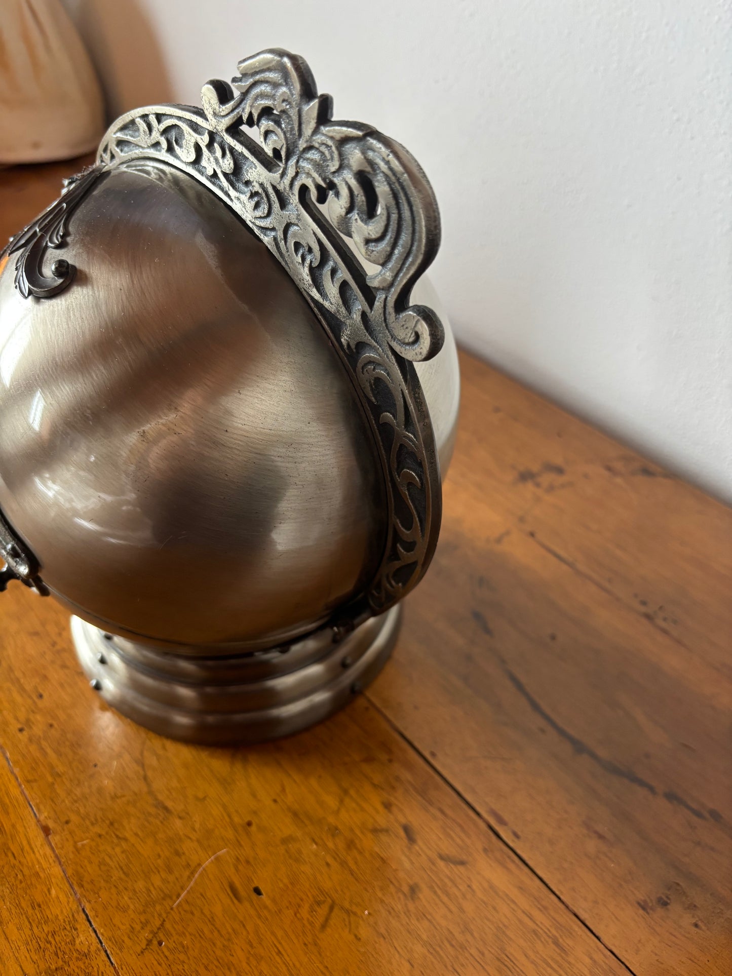 Vintage bar helmet with music box and liquor set